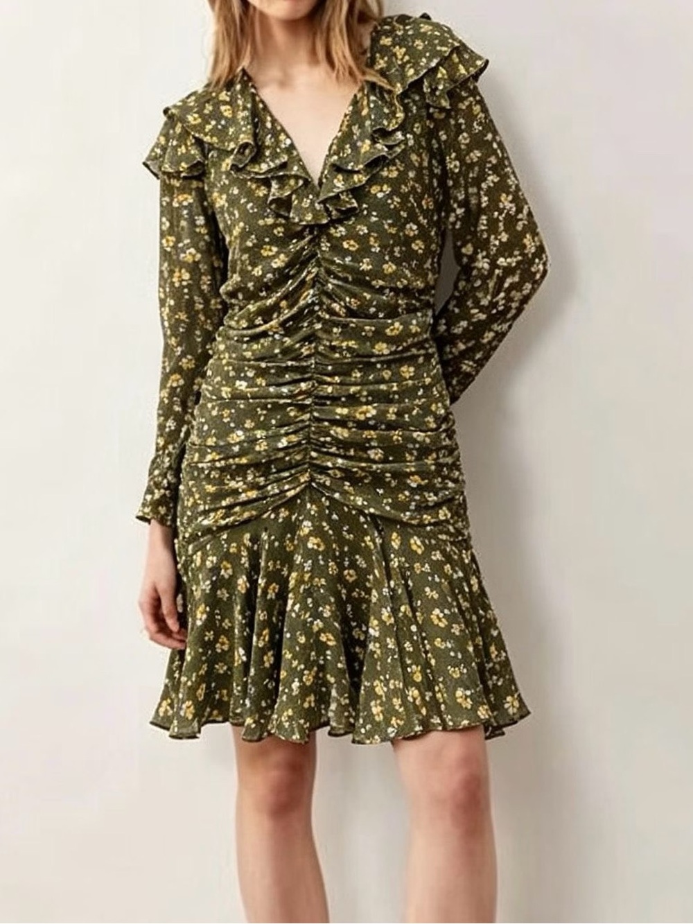 Veronica Beard Green Floral Silk Ruched Ruffle Dress Size US 6